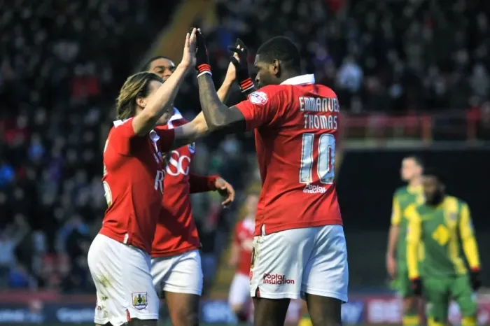 Framed Print : Bristol City's Jay Emmanuel-Thomas and Luke Freeman Celebrate Goal Against Notts County, Sky Bet League One, Ashton Gate