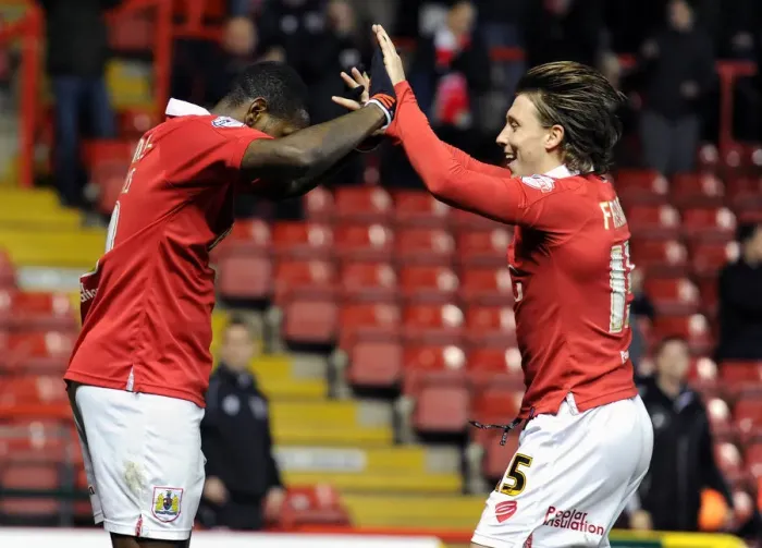 Framed Print : Bristol City's Jay Emmanuel-Thomas and Luke Freeman Celebrate Goal Against Port Vale, Sky Bet League One, Ashton Gate Framed Print : Bristol City's Jay Emmanuel-Thomas and Luke Freeman Celebrate Goal Against Port Vale, Sky Bet League One, Ashton Gate