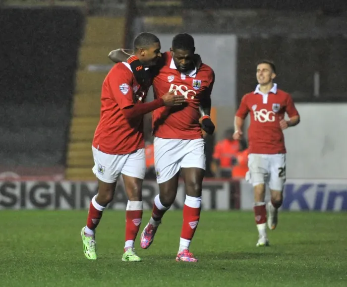 Framed Print : Bristol City's Jay Emmanuel-Thomas and Mark Little Celebrate Goal vs Yeovil Town, Sky Bet League One, Ashton Gate, 2014