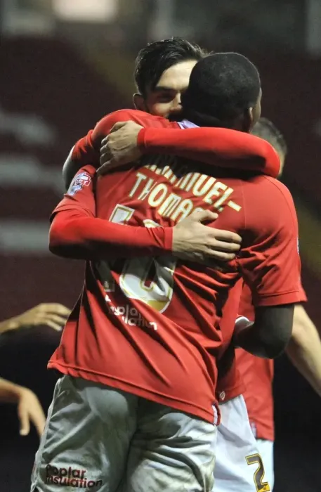 Framed Print : Bristol City's Jay Emmanuel-Thomas and Marlon Pack Celebrate Goal in FA Cup Third Round Replay against Doncaster Rovers Framed Print : Bristol City's Jay Emmanuel-Thomas and Marlon Pack Celebrate Goal in FA Cup Third Round Replay against Doncaster Rovers