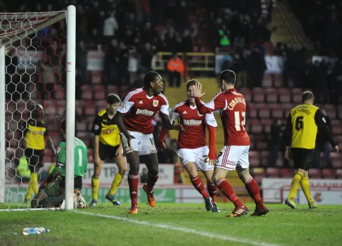 Framed Print : Bristol City's Jay Emmanuel-Thomas Rejoices in FA Cup Upset Over Watford Framed Print : Bristol City's Jay Emmanuel-Thomas Rejoices in FA Cup Upset Over Watford