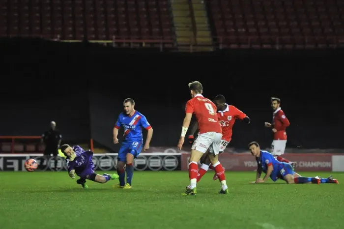 Framed Print : Bristol City's Jay Emmanuel-Thomas Scores the Decisive Goal against Doncaster Rovers in FA Cup Third Round Replay at Ashton Gate Stadium - January 13, 2015 Framed Print : Bristol City's Jay Emmanuel-Thomas Scores the Decisive Goal against Doncaster Rovers in FA Cup Third Round Replay at Ashton Gate Stadium - January 13, 2015