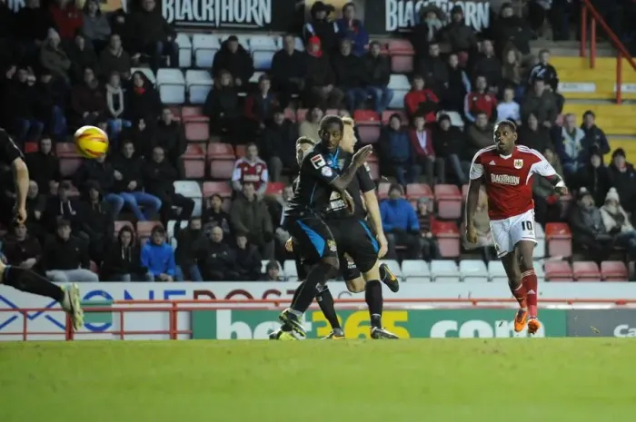 Framed Print : Bristol City's Jay Emmanuel-Thomas Scores the Game-Winning Goal Against Stevenage in Sky Bet League One (December 2013) Framed Print : Bristol City's Jay Emmanuel-Thomas Scores the Game-Winning Goal Against Stevenage in Sky Bet League One (December 2013)