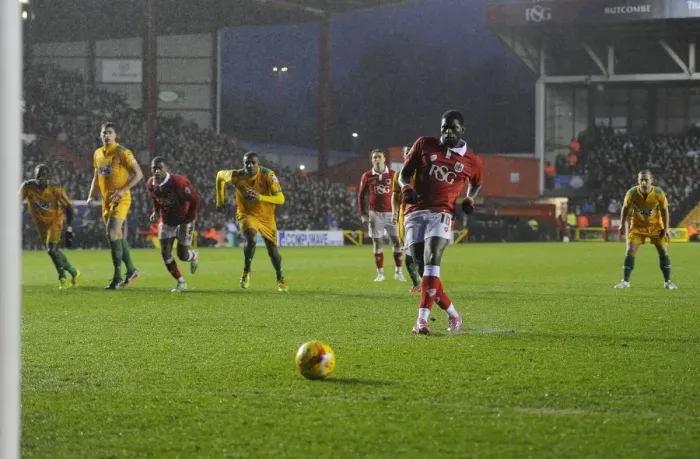 Framed Print : Bristol City's Jay Emmanuel-Thomas Scores Penalty Against Yeovil Town, Sky Bet League One, Ashton Gate Framed Print : Bristol City's Jay Emmanuel-Thomas Scores Penalty Against Yeovil Town, Sky Bet League One, Ashton Gate