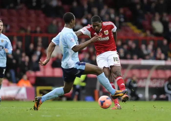Framed Print : Bristol City's Jay Emmanuel-Thomas Scores the Winning Goal in FA Cup Match against Dagenham and Redbridge Framed Print : Bristol City's Jay Emmanuel-Thomas Scores the Winning Goal in FA Cup Match against Dagenham and Redbridge
