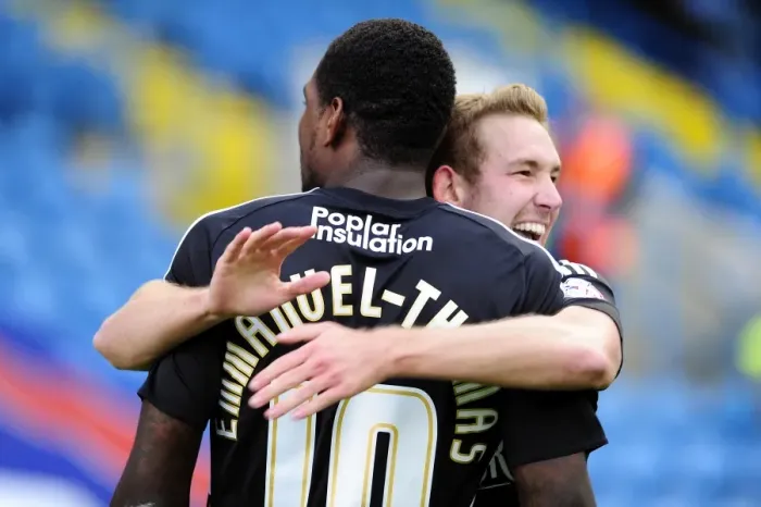 Framed Print : Bristol City's Jay Emmanuel-Thomas and Scott Wagstaff Celebrate Goals Against Carlisle United, October 2013