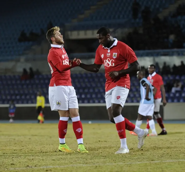 Framed Print : Bristol City's Jay Emmanuel-Thomas and Wes Burns Celebrate Goal during Botswana Tour 2014