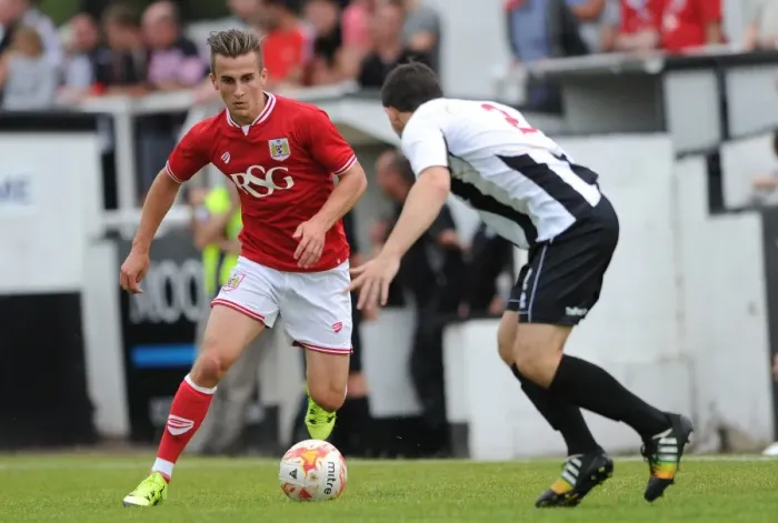 Framed Print : Bristol City's Joe Bryan Charges Forward Against Bath City's Andy Gallinagh - Pre-Season Friendly, 2015 Framed Print : Bristol City's Joe Bryan Charges Forward Against Bath City's Andy Gallinagh - Pre-Season Friendly, 2015