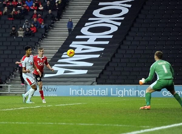 Bristol City's Joe Bryan Charges Towards Goal in MK Dons vs. Bristol City Football Match, February 2015