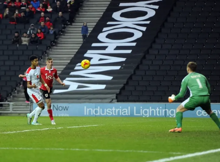 Framed Print : Bristol City's Joe Bryan Charges Towards Goal in MK Dons vs. Bristol City Football Match, February 2015 Framed Print : Bristol City's Joe Bryan Charges Towards Goal in MK Dons vs. Bristol City Football Match, February 2015