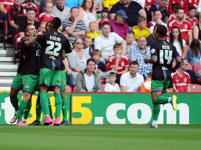 Framed Print : Bristol City's Joe Bryan Euphorically Celebrates Goal Against Middlesbrough in Sky Bet Championship Match