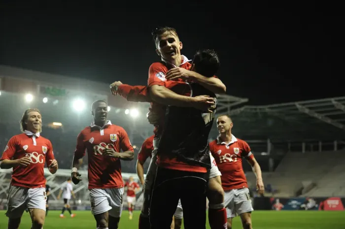 Framed Print : Bristol City's Joe Bryan and Greg Cunningham Celebrate Goal Against Swindon Town, Sky Bet League One, April 2015 Framed Print : Bristol City's Joe Bryan and Greg Cunningham Celebrate Goal Against Swindon Town, Sky Bet League One, April 2015