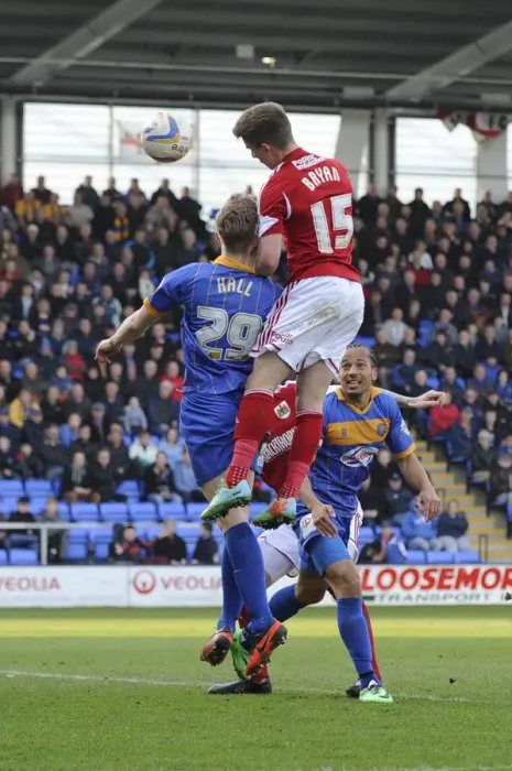 Framed Print : Bristol City's Joe Bryan Scores Dramatic Header, Secures 2-3 Win Over Shrewsbury Town