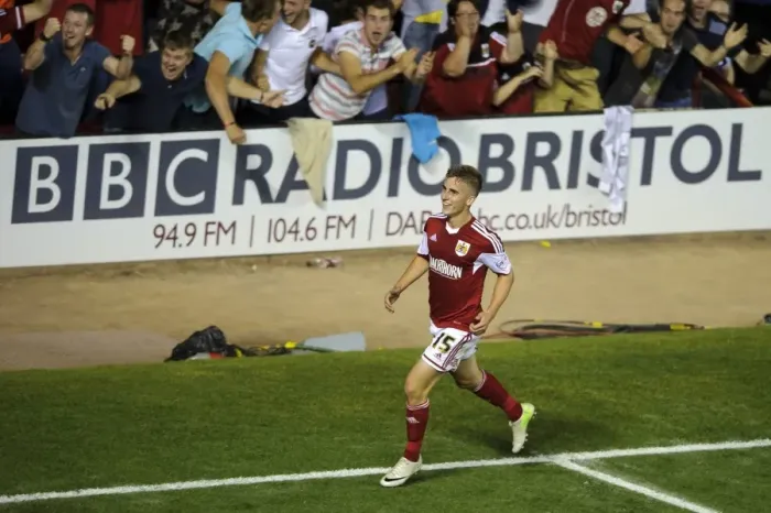 Framed Print : Bristol City's Joe Bryan Scores Game-Winning Goal Against Bristol Rovers in Johnstones Paint Trophy (September 4, 2013)