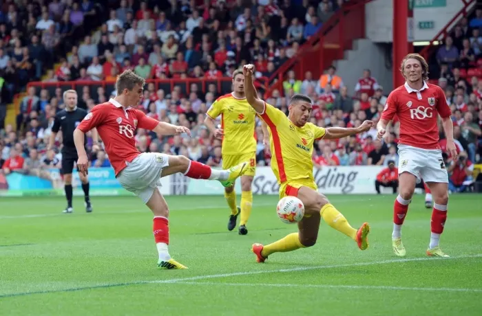 Framed Print : Bristol City's Joe Bryan Scores Against MK Dons in Sky Bet League One Action, September 2014 Framed Print : Bristol City's Joe Bryan Scores Against MK Dons in Sky Bet League One Action, September 2014