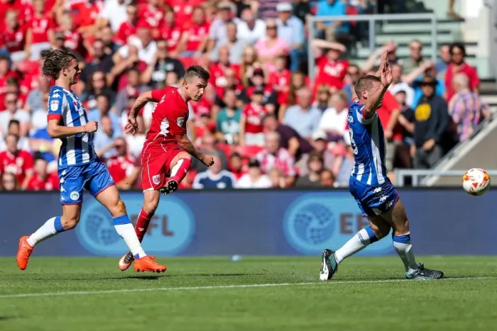 Framed Print : Bristol City's Joe Bryan Scores Stunner Past Jake Buxton at Ashton Gate Framed Print : Bristol City's Joe Bryan Scores Stunner Past Jake Buxton at Ashton Gate