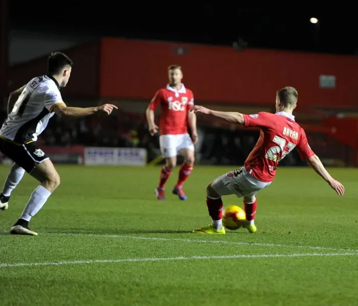 Framed Print : Bristol City's Joe Bryan Scores Stunning Deflected Goal Against Port Vale Framed Print : Bristol City's Joe Bryan Scores Stunning Deflected Goal Against Port Vale