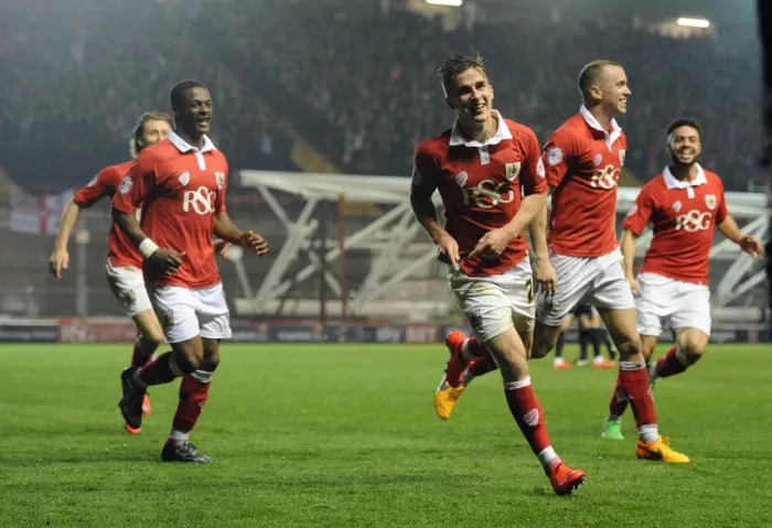 Framed Print : Bristol City's Joe Bryan Scores the Thrilling Winning Goal Against Swindon Town in Sky Bet League One Framed Print : Bristol City's Joe Bryan Scores the Thrilling Winning Goal Against Swindon Town in Sky Bet League One