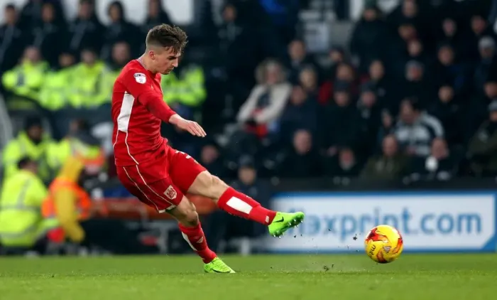 Framed Print : Bristol City's Joe Bryan Takes Shot at Derby County Goal during Sky Bet Championship Match