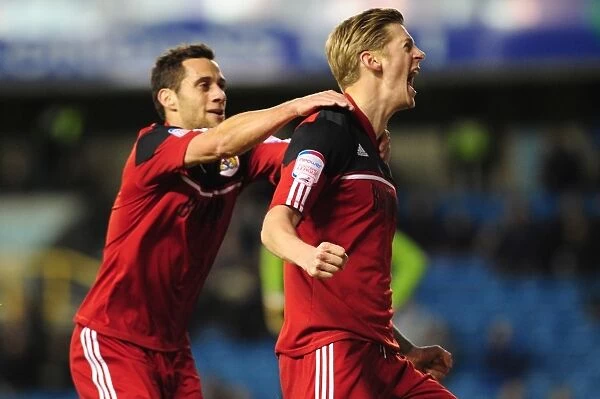 Bristol City's Jon Stead and Sam Baldock Celebrate Goal Against Millwall in Championship Match, 2013