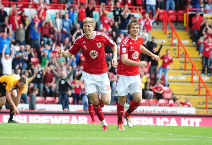 Framed Print : Bristol City's Jon Stead Scores Opening Goal vs. Hull City in Championship Match, May 2011 (Ashton Gate Stadium)