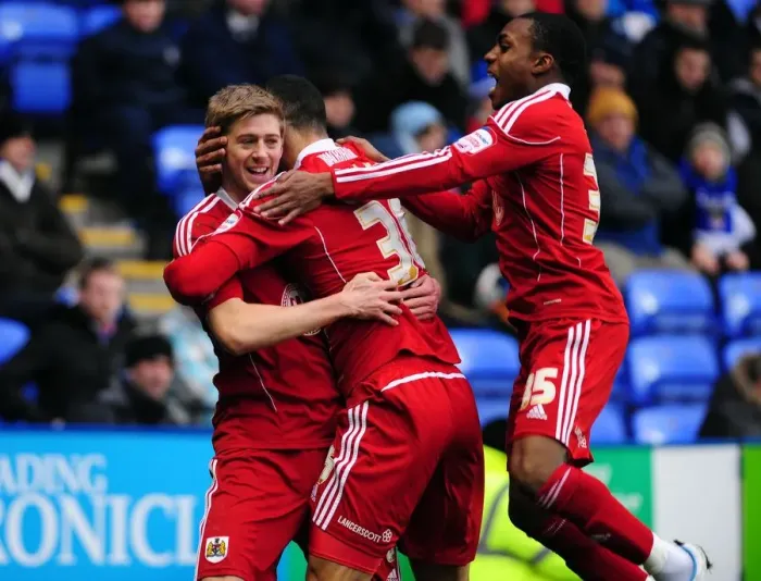 Framed Print : Bristol City's Jon Stead, Steven Caulker, and Danny Rose Celebrate Goal Against Reading (December 26, 2010)