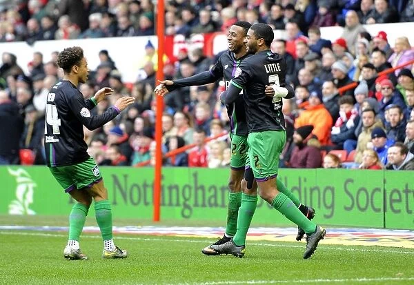 Bristol City's Jonathan Kodjia, Bobby Reid, and Mark Little Celebrate Goal vs. Nottingham Forest (February 2016)