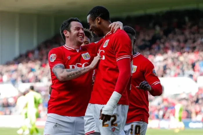 Framed Print : Bristol City's Jonathan Kodjia and Lee Tomlin Celebrate 3-0 Goal Against Huddersfield Town, Sky Bet Championship 2016