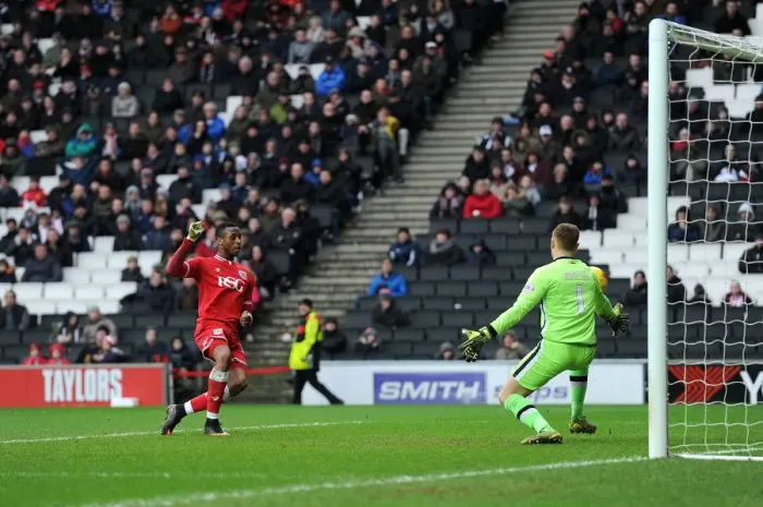 Framed Print : Bristol City's Jonathan Kodjia Scores Opening Goal Against Milton Keynes Dons in 2016 Sky Bet Championship Match Framed Print : Bristol City's Jonathan Kodjia Scores Opening Goal Against Milton Keynes Dons in 2016 Sky Bet Championship Match