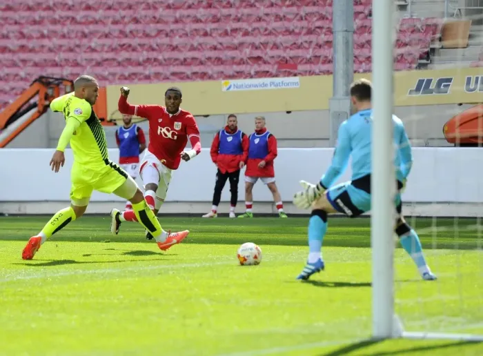 Framed Print : Bristol City's Jonathan Kodjia Scores the Winning Goal Against Huddersfield Town in Sky Bet Championship Match at Ashton Gate Stadium (30 / 04 / 2016) Framed Print : Bristol City's Jonathan Kodjia Scores the Winning Goal Against Huddersfield Town in Sky Bet Championship Match at Ashton Gate Stadium (30 / 04 / 2016)