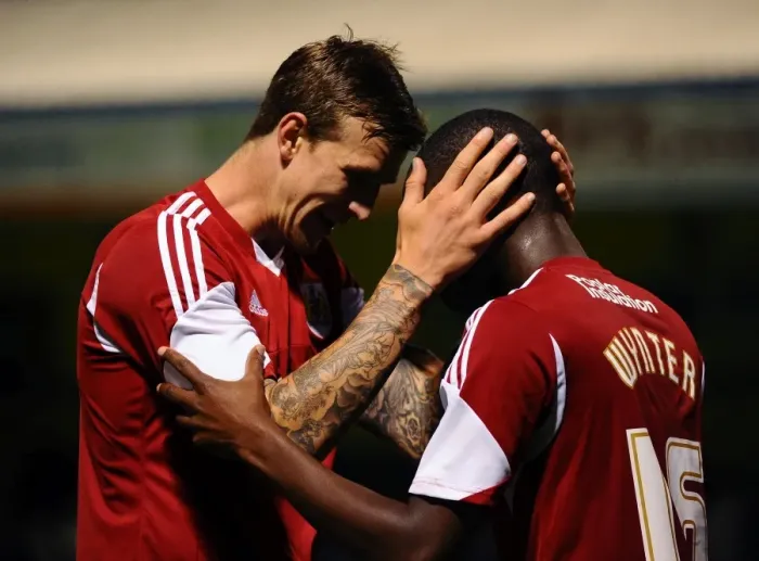 Framed Print : Bristol City's Jordan Wynter Scores and Celebrates with Aden Flint vs Gillingham (06-08-2013) Framed Print : Bristol City's Jordan Wynter Scores and Celebrates with Aden Flint vs Gillingham (06-08-2013)