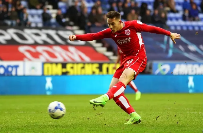 Framed Print : Bristol City's Josh Brownhill Unleashes a Shot at Wigan Athletic in Sky Bet Championship Clash