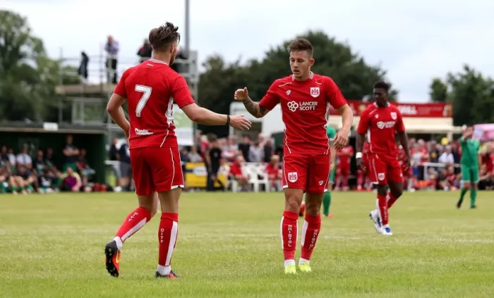 Framed Print : Bristol City's Josh Brownhill and Wes Burns Celebrate Goal in Pre-Season Friendly Against Hengrove Athletic