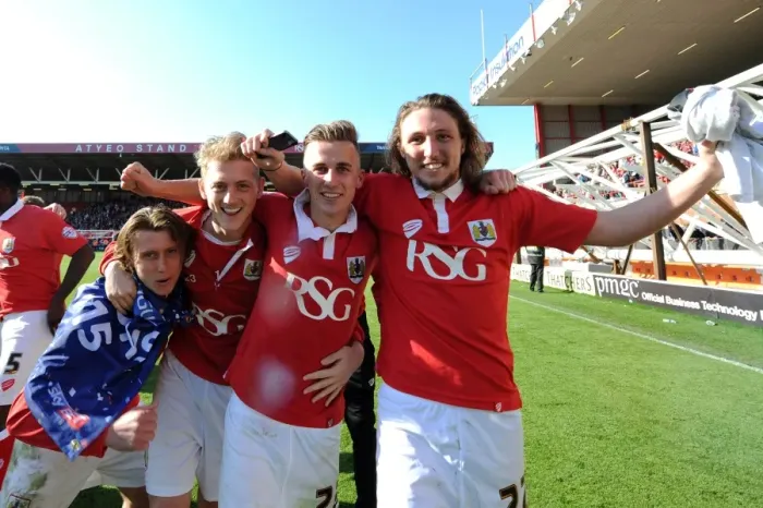 Framed Print : Bristol City's Jubilant Win: Luke Freeman, George Saville, Joe Bryan, and Luke Ayling Celebrate Promotion to Sky Bet League One