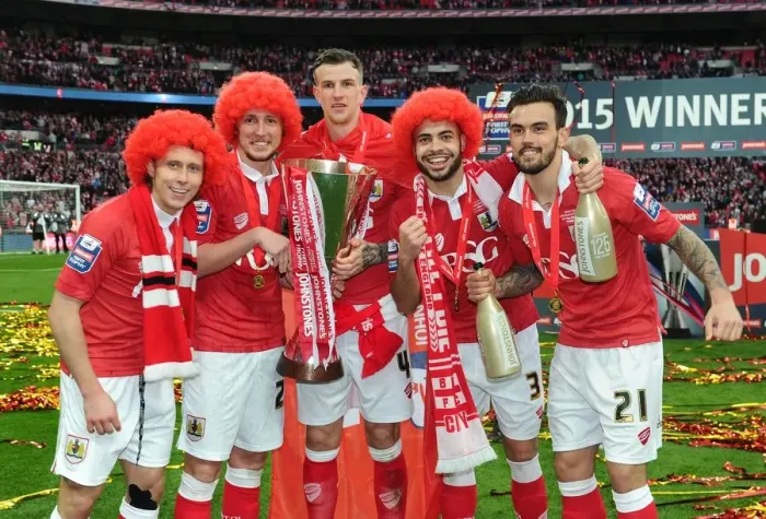 Framed Print : Bristol City's Key Players: Freeman, Ayling, Flint, Williams, and Pack in Johnstone's Paint Trophy Final at Wembley Stadium (Bristol City v Walsall) Framed Print : Bristol City's Key Players: Freeman, Ayling, Flint, Williams, and Pack in Johnstone's Paint Trophy Final at Wembley Stadium (Bristol City v Walsall)