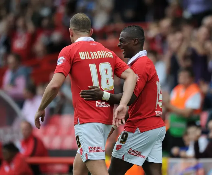Framed Print : Bristol City's Kieran Agard and Aaron Wilbraham Celebrate Goal vs MK Dons, 2014