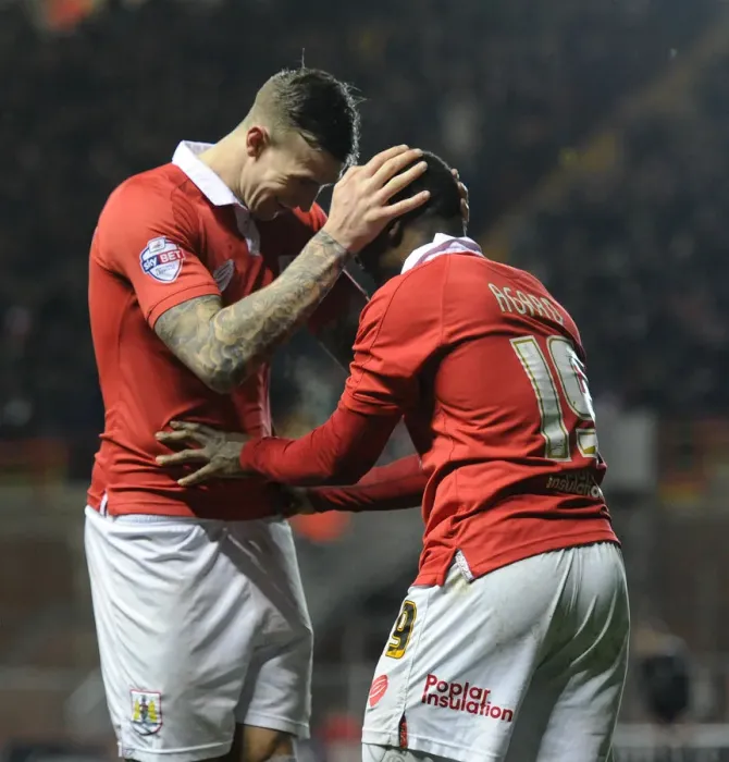 Framed Print : Bristol City's Kieran Agard and Aden Flint Celebrate Goal vs. Peterborough United, Sky Bet League One, 2015 Framed Print : Bristol City's Kieran Agard and Aden Flint Celebrate Goal vs. Peterborough United, Sky Bet League One, 2015