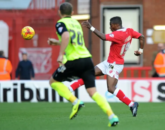 Framed Print : Bristol City's Kieran Agard Aims for the Net against Oldham Athletic - Sky Bet League One, Ashton Gate