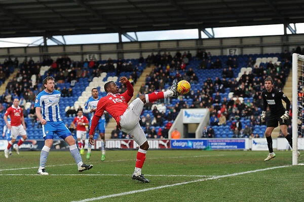 Bristol City's Kieran Agard Battles to Keep Ball in Play during Colchester United Clash, February 2015