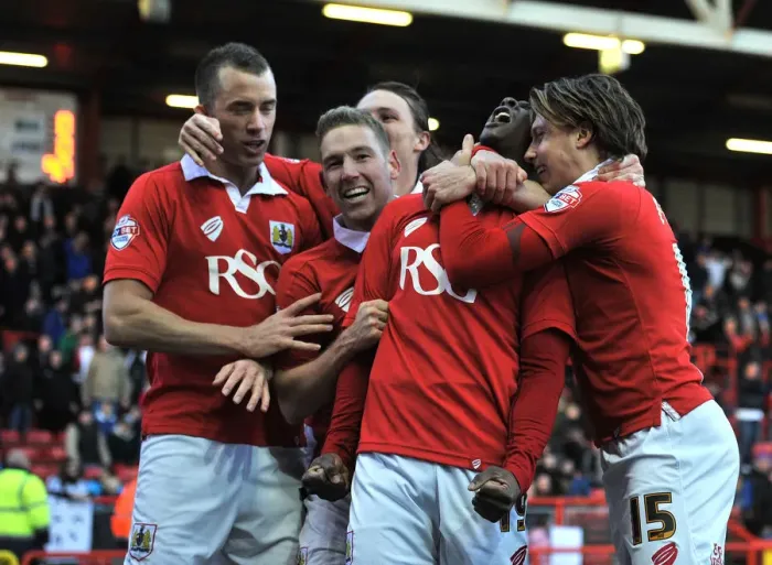 Framed Print : Bristol City's Kieran Agard Celebrates Goal Against AFC Telford in FA Cup Match