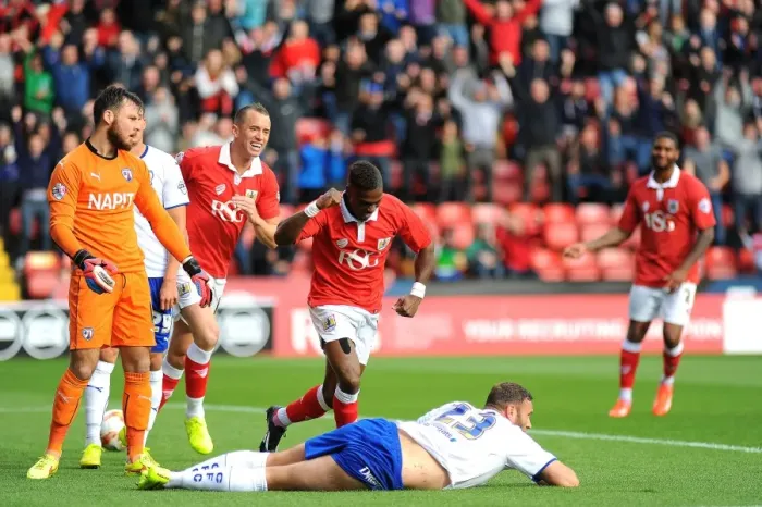 Framed Print : Bristol City's Kieran Agard Celebrates Own Goal by Chesterfield's Ian Evatt Framed Print : Bristol City's Kieran Agard Celebrates Own Goal by Chesterfield's Ian Evatt