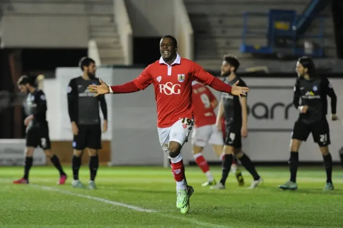 Framed Print : Bristol City's Kieran Agard Celebrates Thrilling Goal Against Peterborough United in Sky Bet League One at Ashton Gate