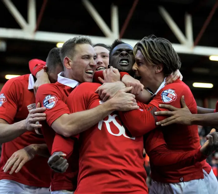 Framed Print : Bristol City's Kieran Agard Euphorically Celebrates FA Cup Goal Against AFC Telford Framed Print : Bristol City's Kieran Agard Euphorically Celebrates FA Cup Goal Against AFC Telford