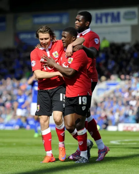 Framed Print : Bristol City's Kieran Agard, Jay Emmanuel-Thomas, and Luke Freeman Celebrate Goal vs Chesterfield, 2015 Framed Print : Bristol City's Kieran Agard, Jay Emmanuel-Thomas, and Luke Freeman Celebrate Goal vs Chesterfield, 2015