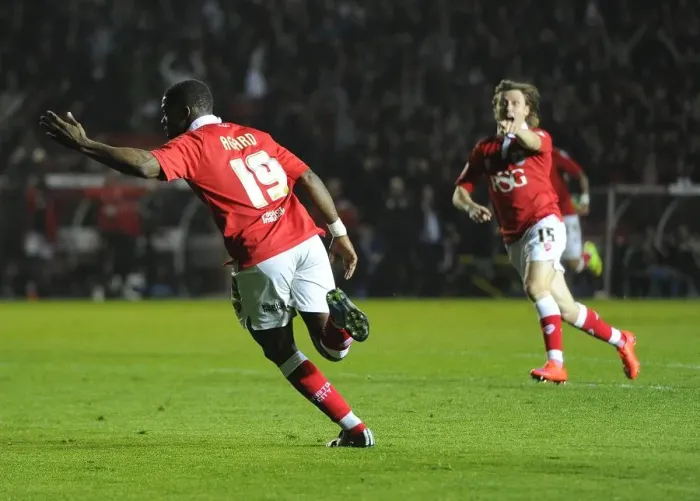 Framed Print : Bristol City's Kieran Agard and Luke Freeman Celebrate Win Against Swindon Town Framed Print : Bristol City's Kieran Agard and Luke Freeman Celebrate Win Against Swindon Town