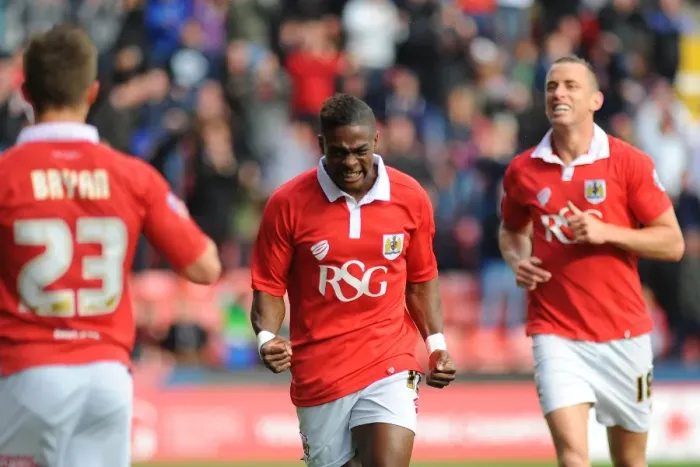 Framed Print : Bristol City's Kieran Agard Rejoices in Chesterfield's Ian Evatt's Own Goal Framed Print : Bristol City's Kieran Agard Rejoices in Chesterfield's Ian Evatt's Own Goal