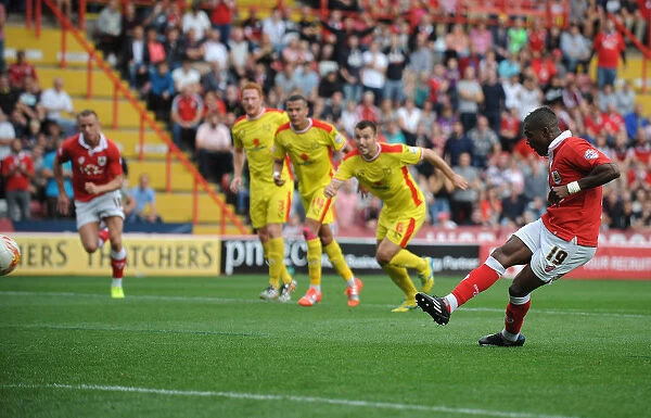 Bristol City's Kieran Agard Scores Penalty Against MK Dons in Sky Bet League One Action, September 2014