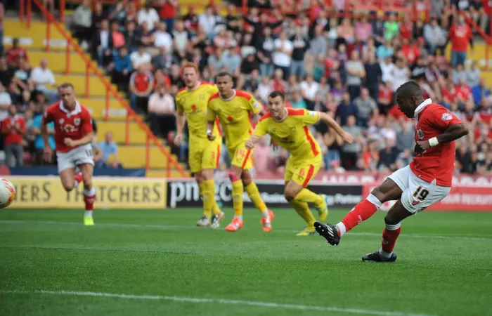 Framed Print : Bristol City's Kieran Agard Scores Penalty Against MK Dons in Sky Bet League One Action, September 2014