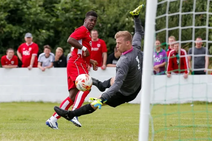 Framed Print : Bristol City's Kieran Agard Scores in Pre-Season Community Match Against Hengrove Athletic Framed Print : Bristol City's Kieran Agard Scores in Pre-Season Community Match Against Hengrove Athletic