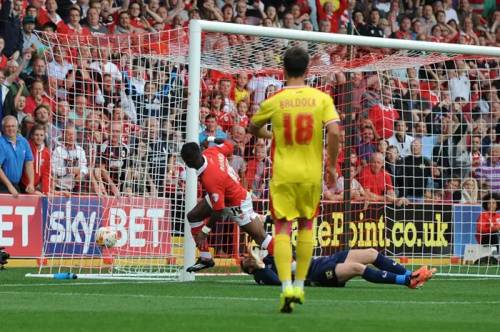 Framed Print : Bristol City's Kieran Agard Scores the Winning Goal Against MK Dons in Sky Bet League One